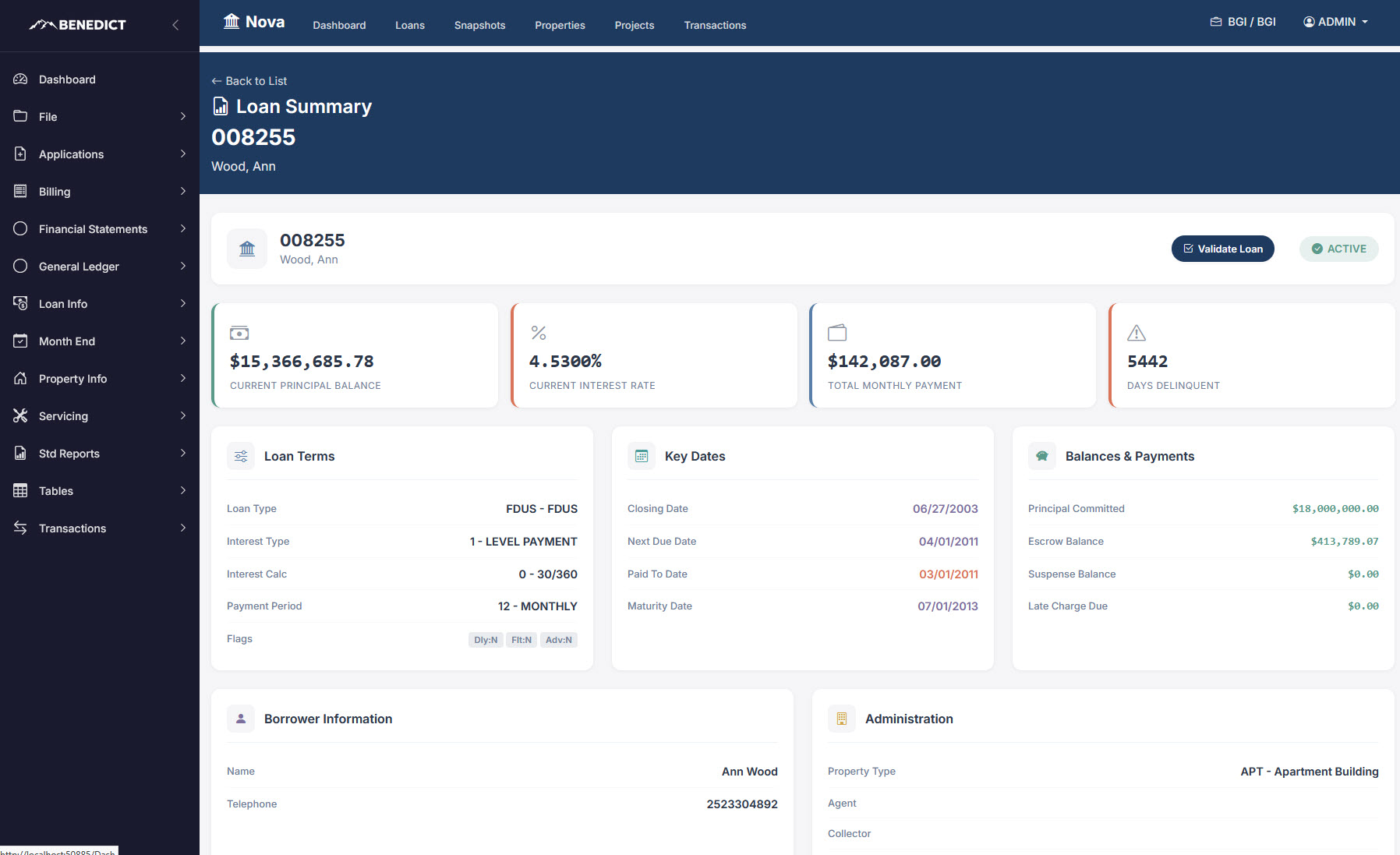 Benedict Servicing Pro - Loan Details Screen